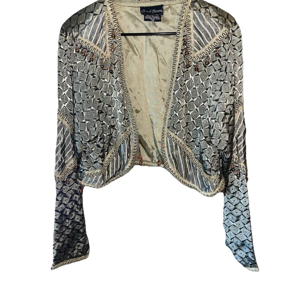 Vintage Jewel Queen Bolero Jacket W/ Metallic Geometric Pattern Beaded Fringe M
